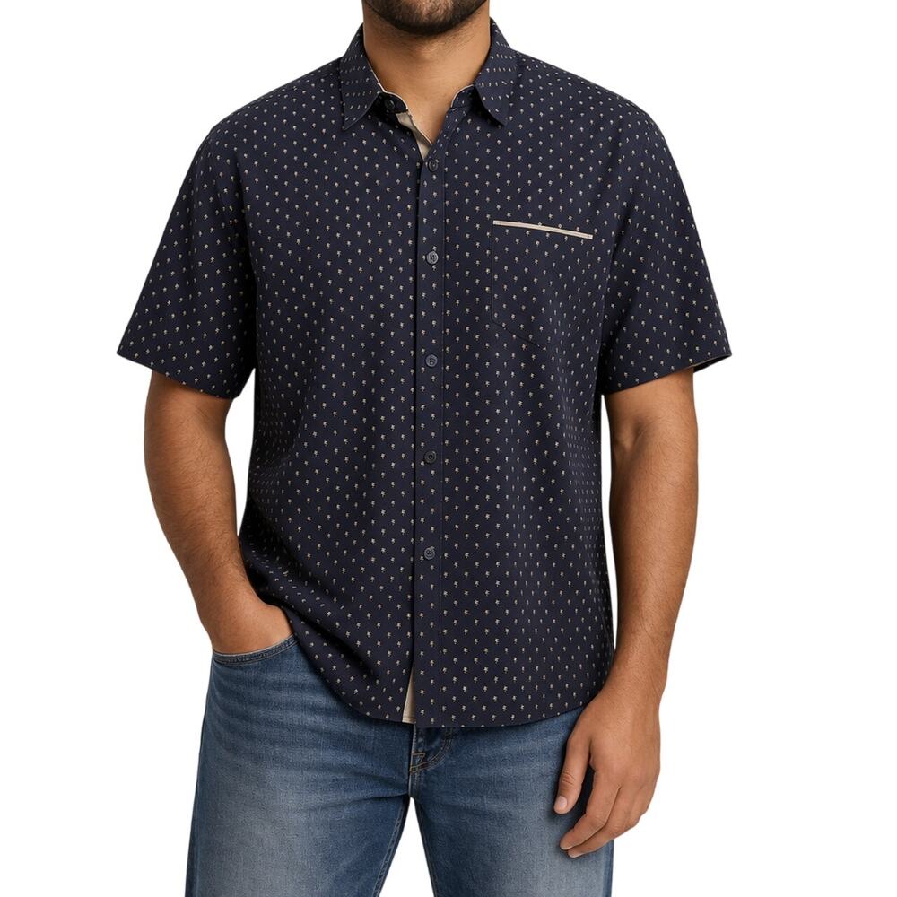 Craft + Flow Shirt Navy Tan Palm Tree Print Button Up Short Sleeve Mens XL